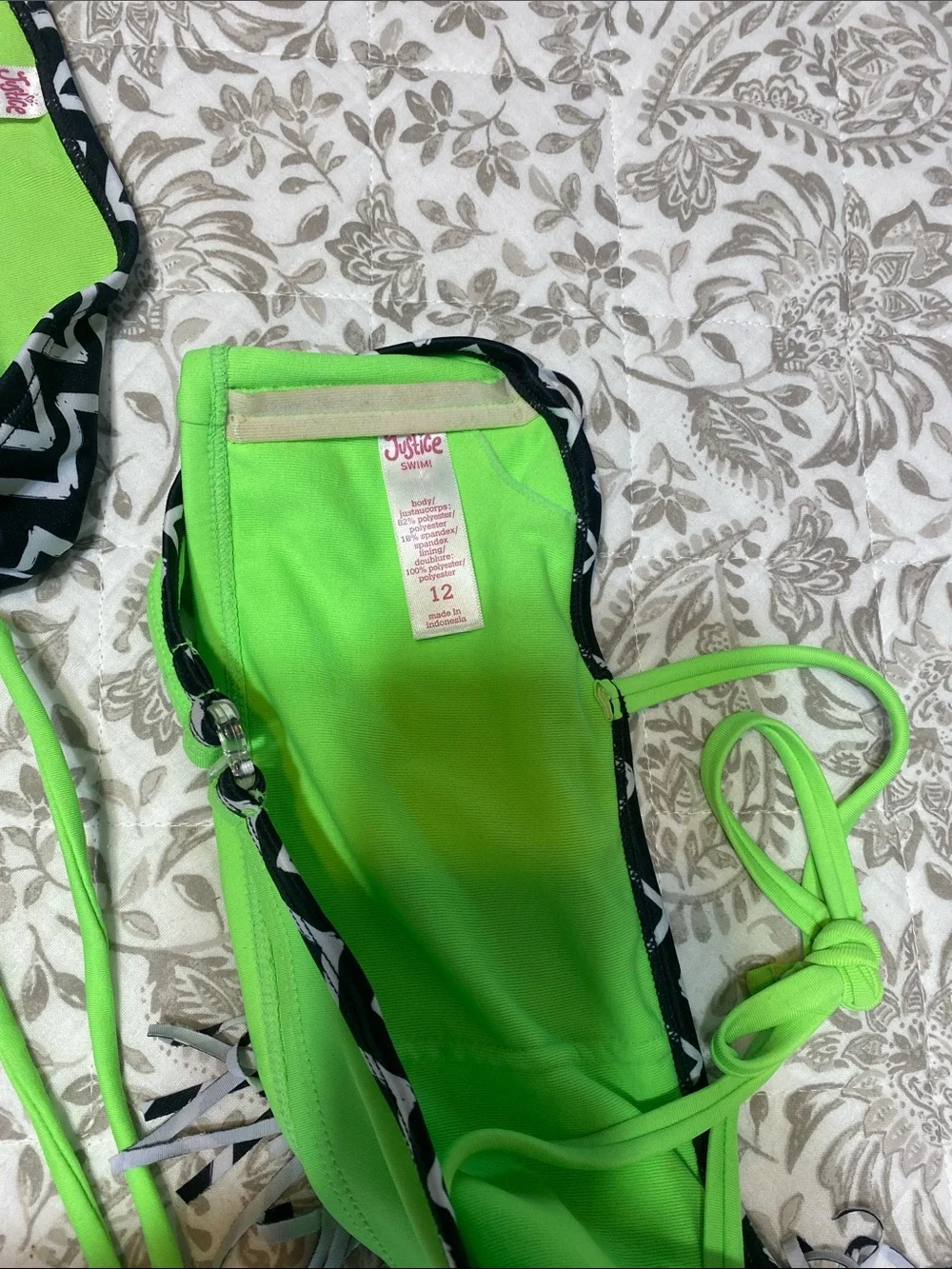Justice Neon Green & Black Zigzag Fringe Two-Piece Bikini